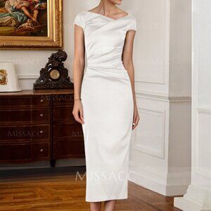 Sheath Cowl Tea Length Satin Wedding Bride Bridal Dress 4 Ivory